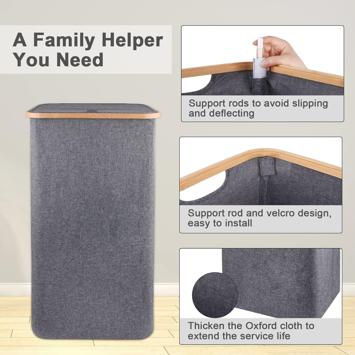 Collapsible Square Shaped Laundry Hamper with Lid and Handle 60L