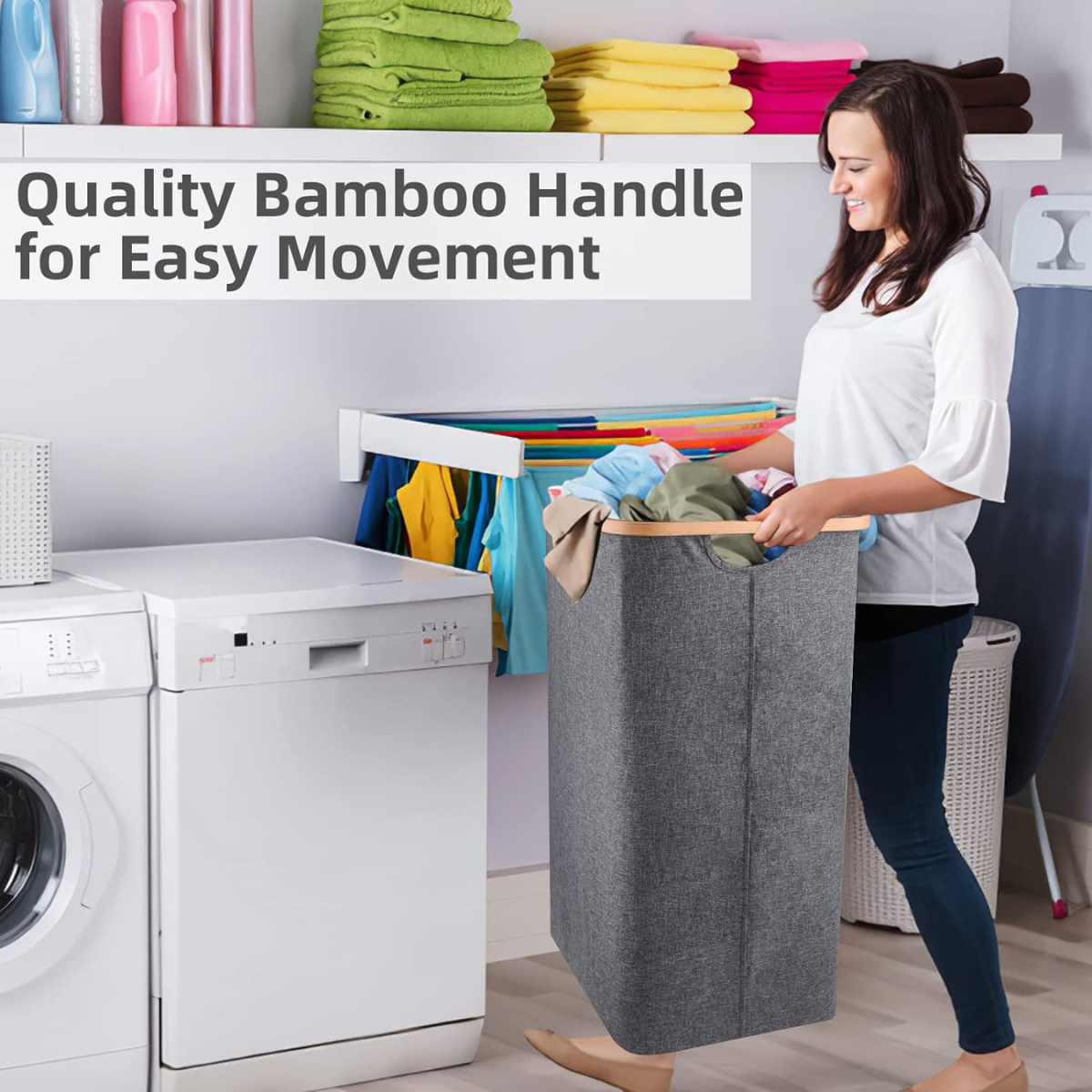 Collapsible Square Shaped Laundry Hamper with Lid and Handle 60L