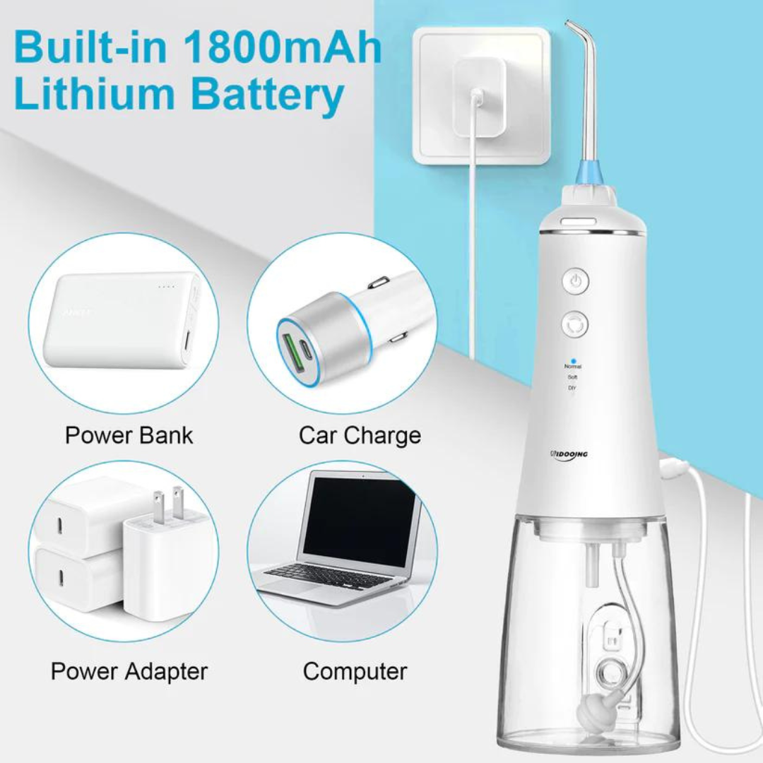 Cordless Water Flosser with built-in 1800mAh battery and USB charging options. It can be powered by power bank, adapter, car charger, or computer.
