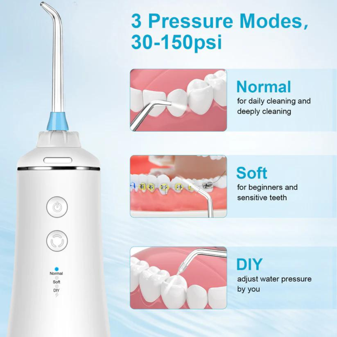 Cordless Water Flosser displaying three pressure modes including normal, soft, and DIY. The image highlights adjustable water pressure for different needs.