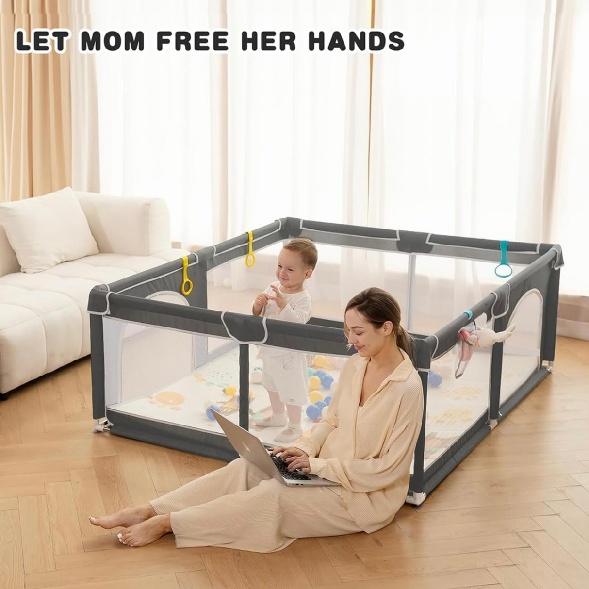 Baby playpen in use with toddler, safe enclosure frees parents’ hands