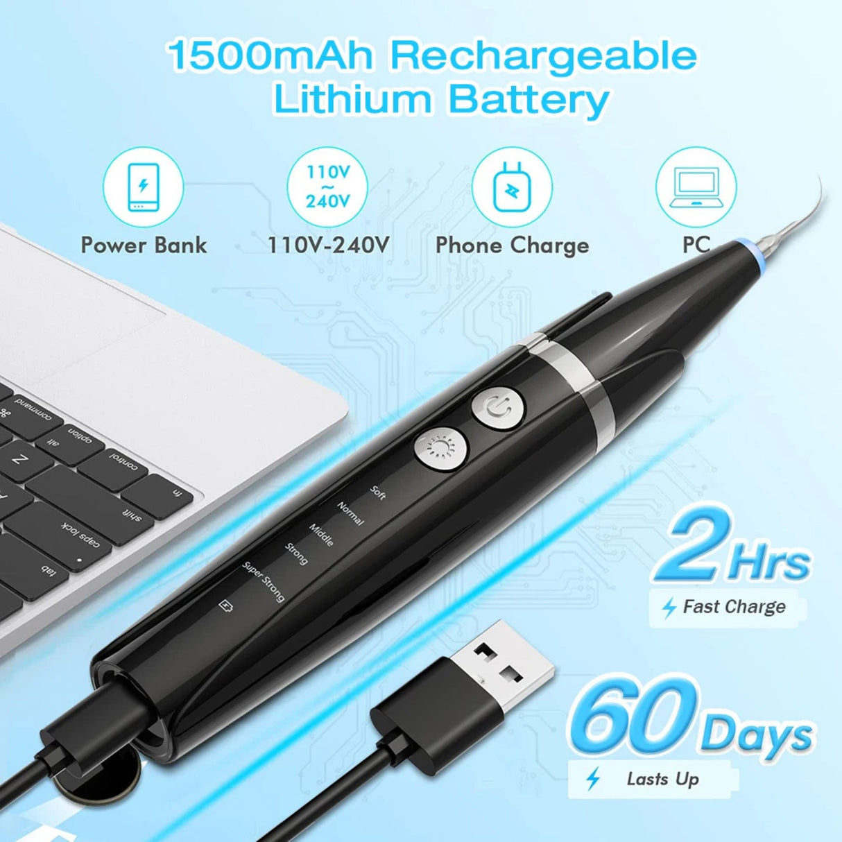 Dental calculus remover kit with fast charging and long battery life display. Electric scaler lasts up to 60 days after 2-hour charge.