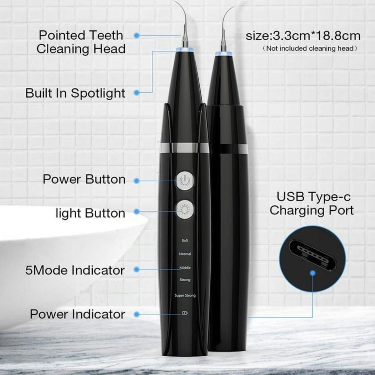 Dental calculus remover kit showing power button, LED light, and USB charging port. Electric scaler design with labeled parts and dimensions.