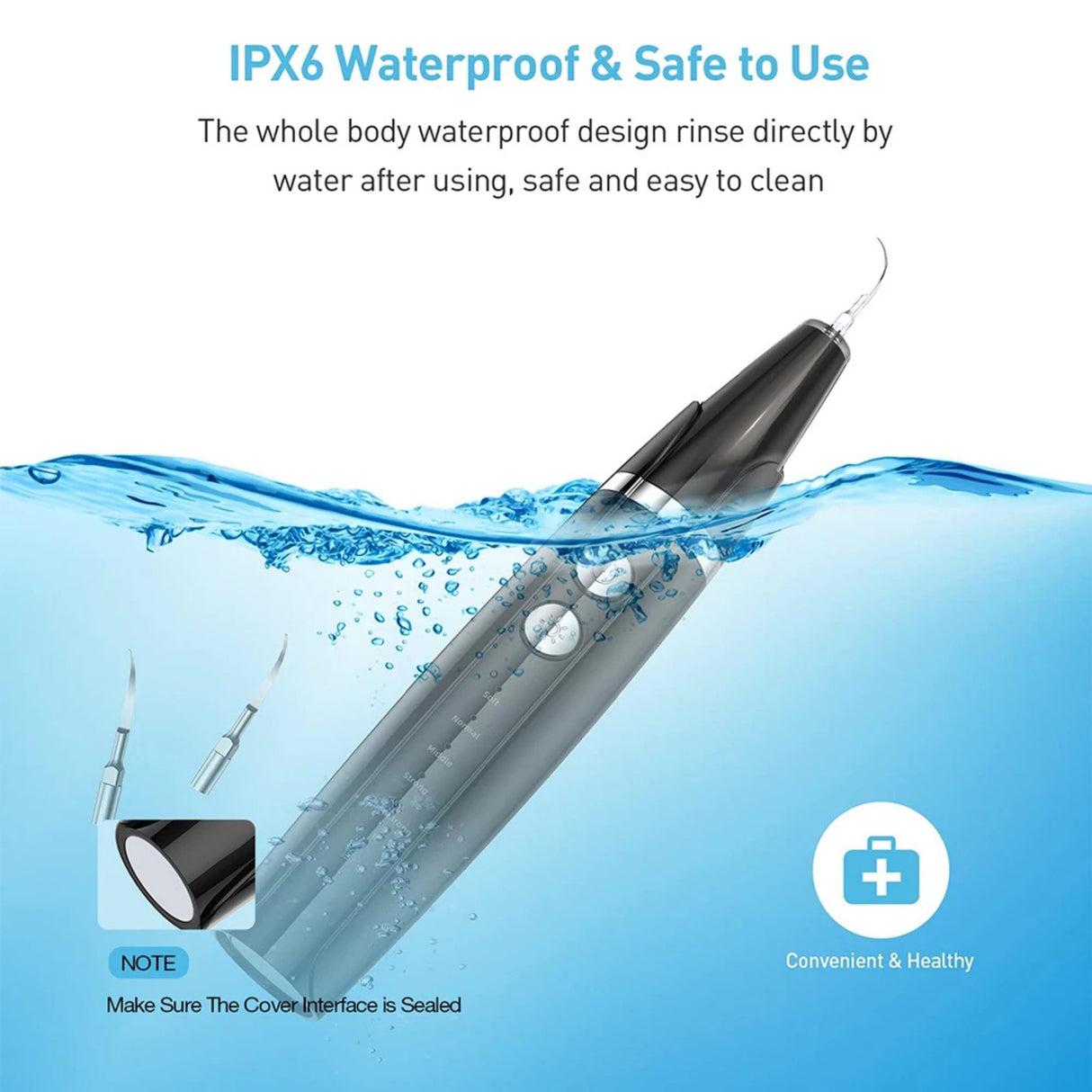 Dental calculus remover kit submerged in water highlighting waterproof feature. Electric scaler designed for safe and hygienic cleaning.