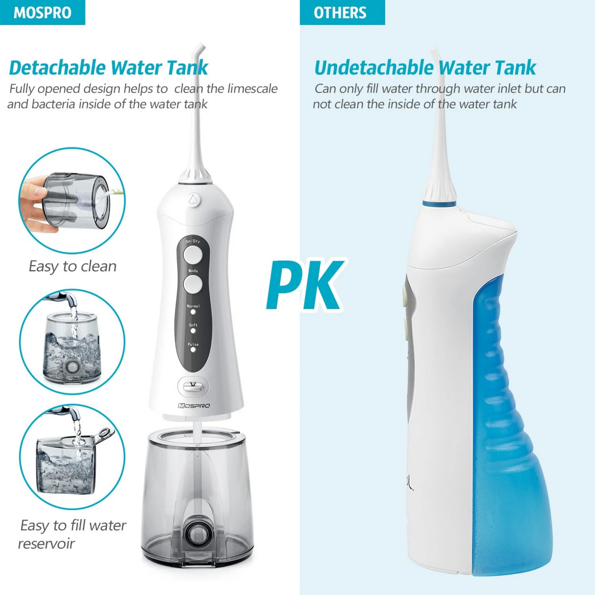 Comparison showing removable water tank for easy cleaning versus standard fixed tank design.