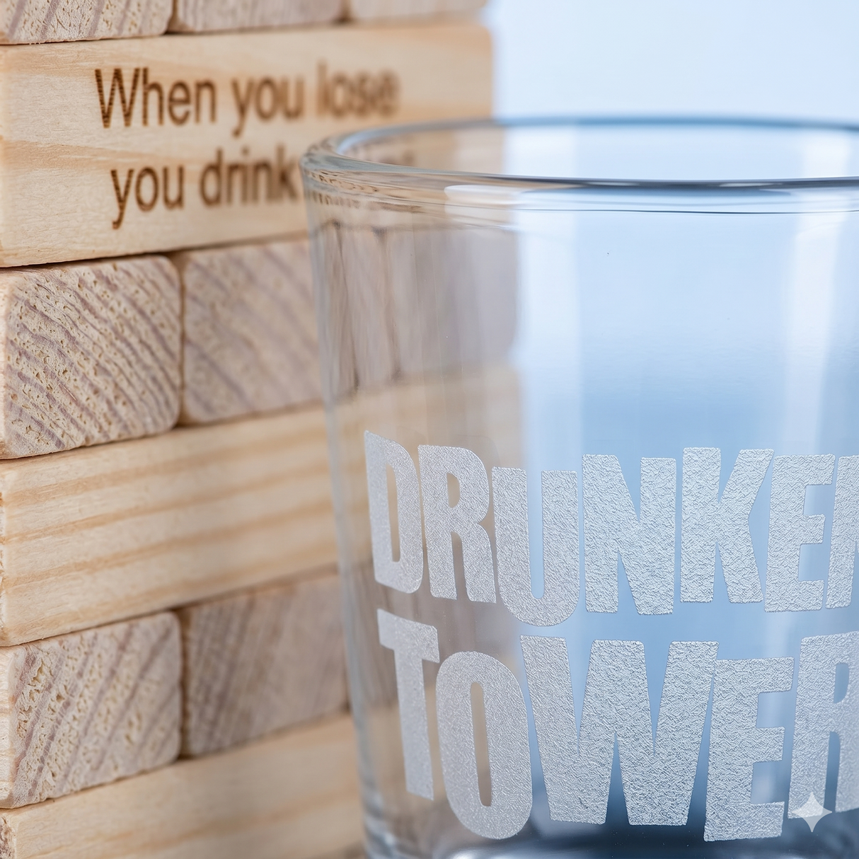 Close-up of wooden blocks and shot glass from Drunken Tower game set