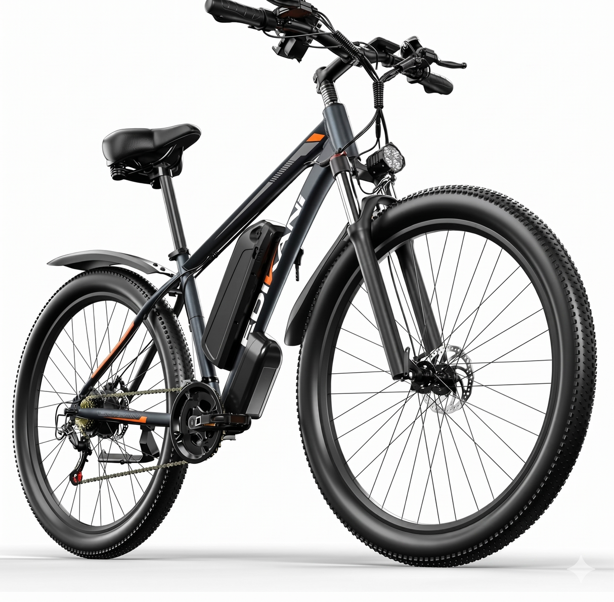 Angled view of EDIKANI electric mountain bike showing frame and integrated battery