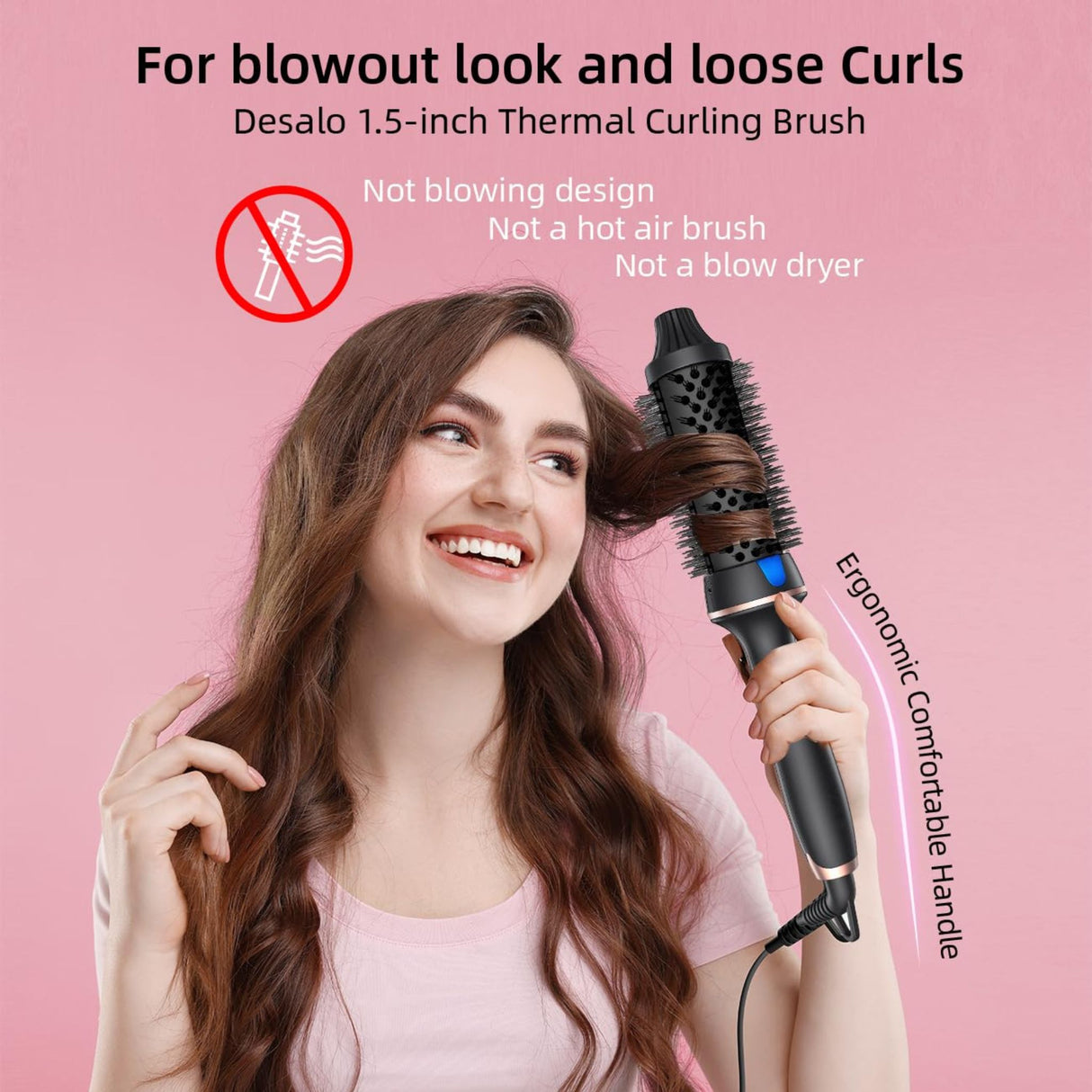 Woman using thermal curling brush to create loose curls and volume. Ergonomic handle allows comfortable styling.