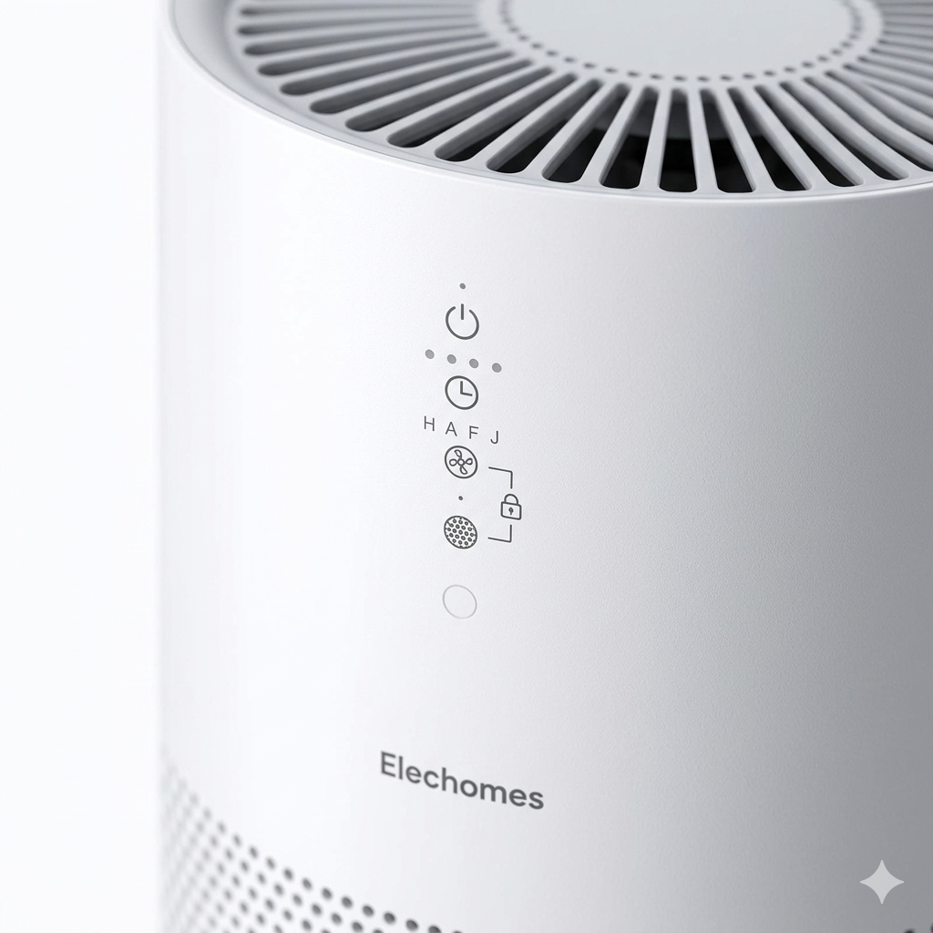 A detailed close-up of the Elechomes air purifier control panel, highlighting its sleek touch-sensitive interface and minimalist icons for power, timer, and fan speed. The image showcases the high-quality matte finish and precision craftsmanship of the device’s modern design.