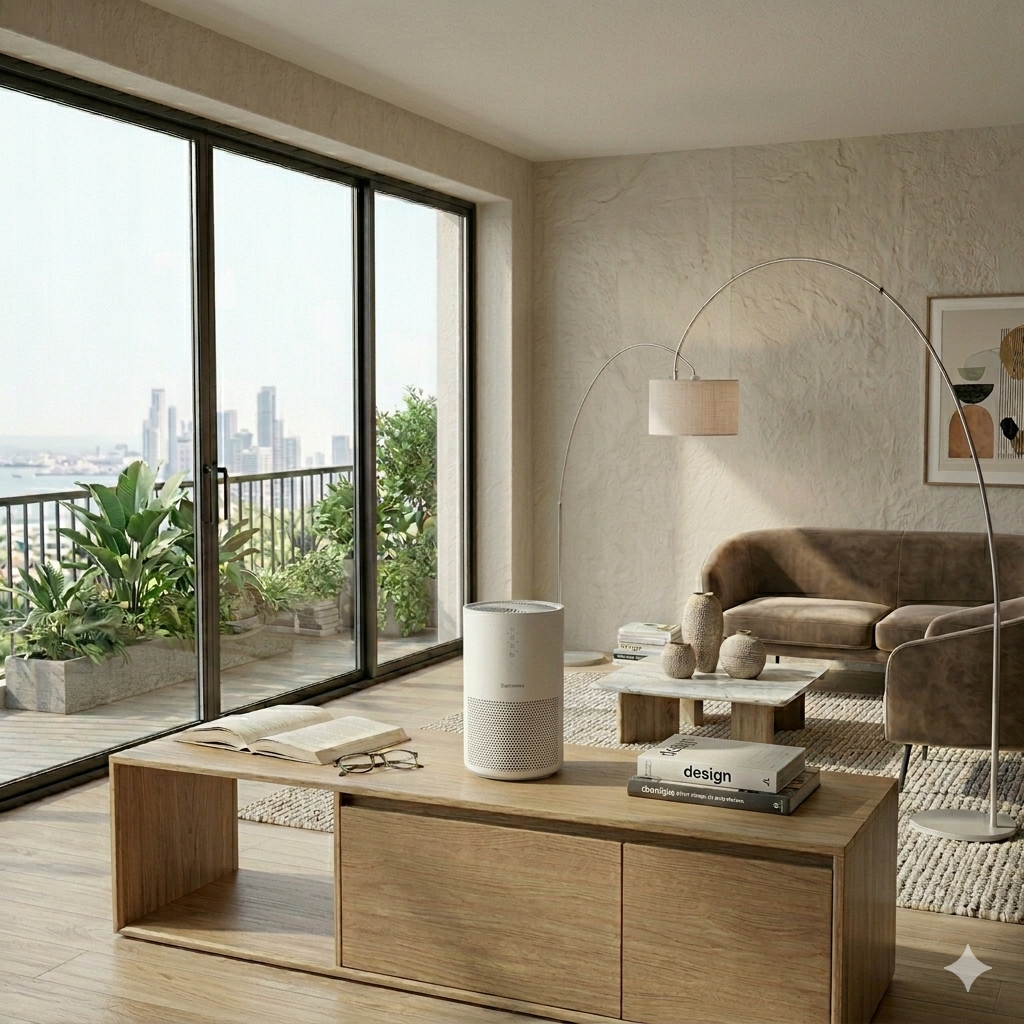A lifestyle image of the Elechomes air purifier placed in a bright, modern living room with large windows and a city view. The compact device sits on a wooden console table, blending seamlessly into the minimal interior décor to provide fresh, clean air.
