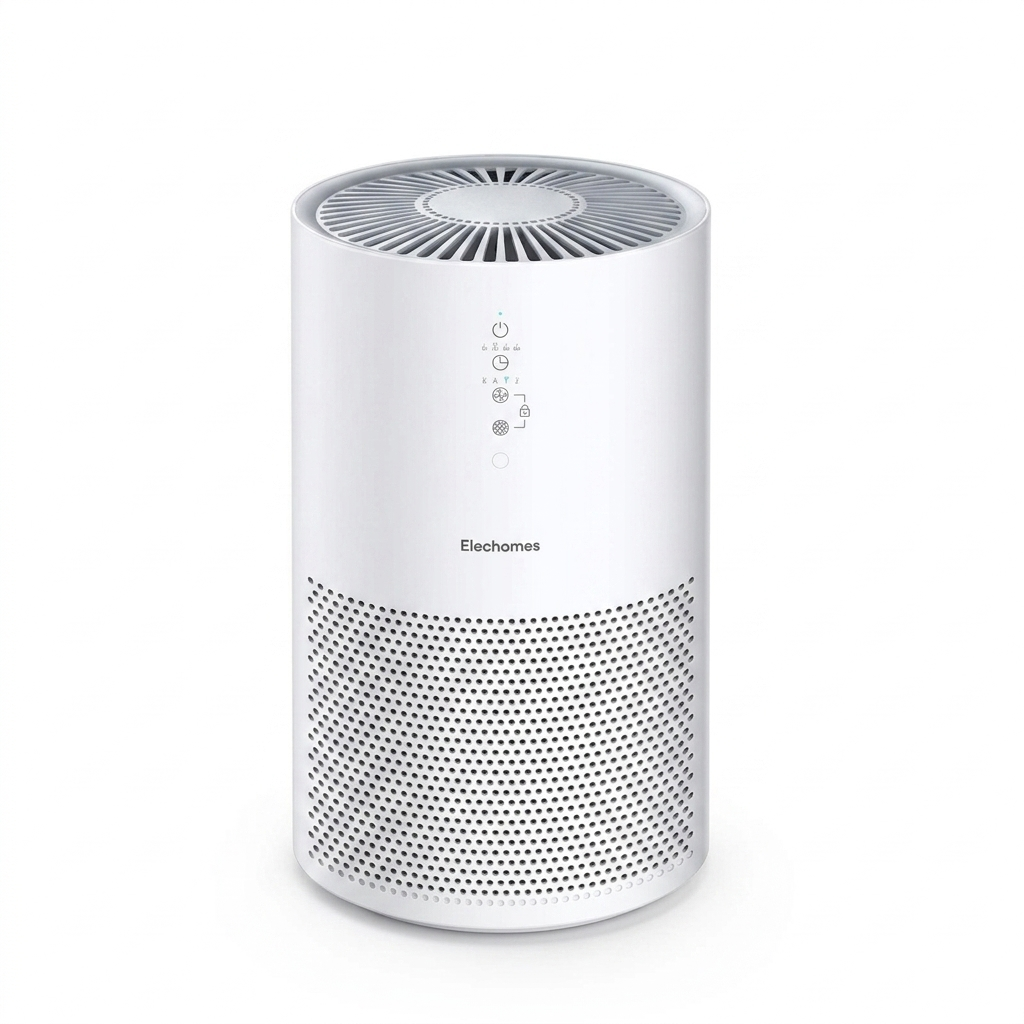 A white cylindrical Elechomes air purifier with a sleek, modern design and a top-facing air outlet grille. The device features a central control panel with touch-sensitive icons and a perforated bottom section for efficient air intake.
