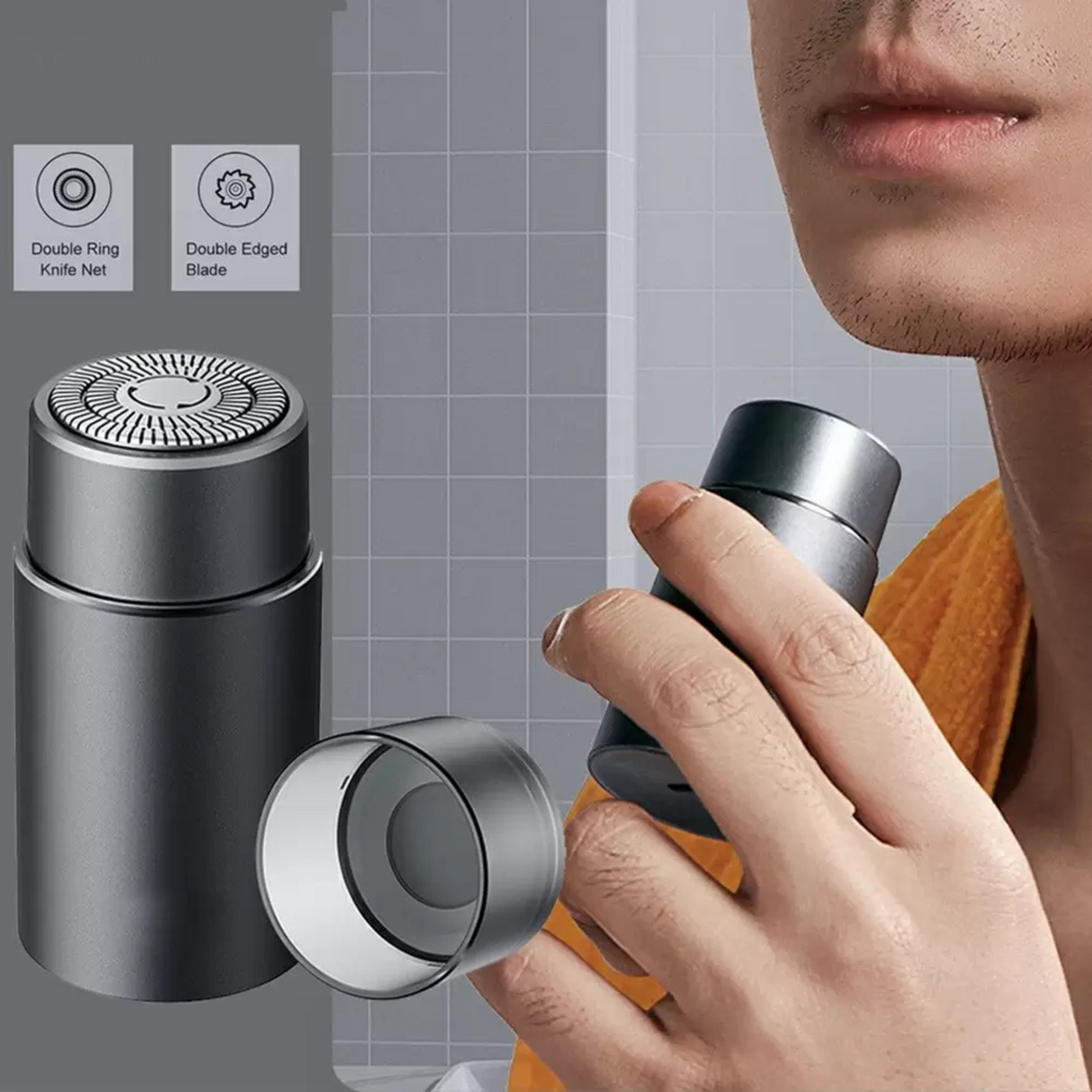 Portable electric shaver with close-up of a person using it, on a tiled bathroom background.