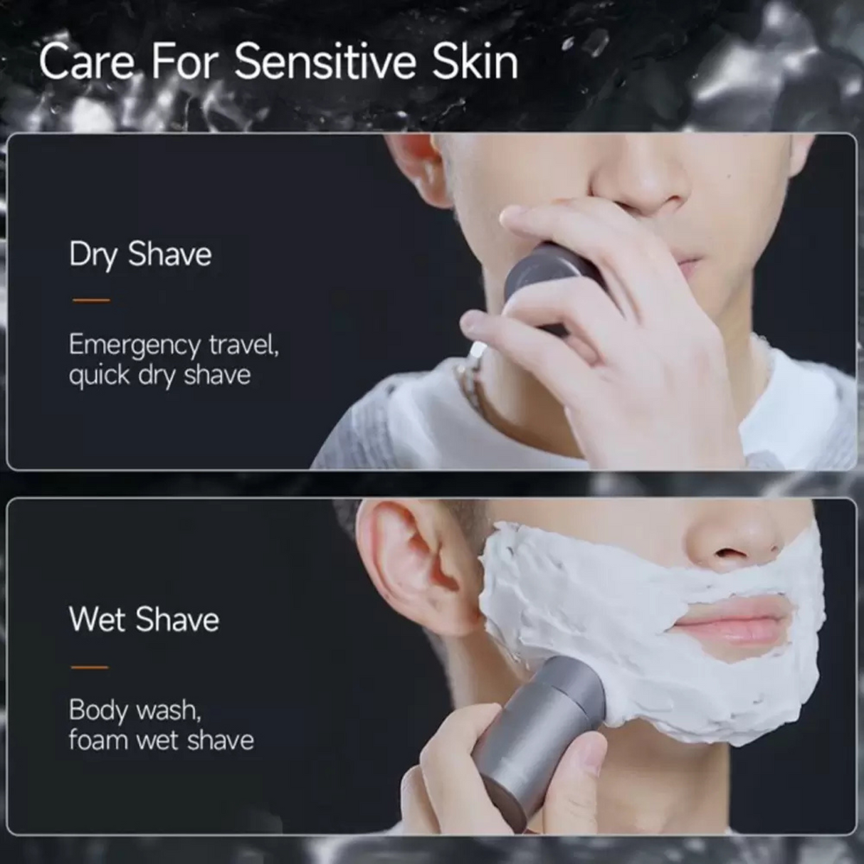 Two images showing a person using a grooming tool for dry and wet shaving on sensitive skin.