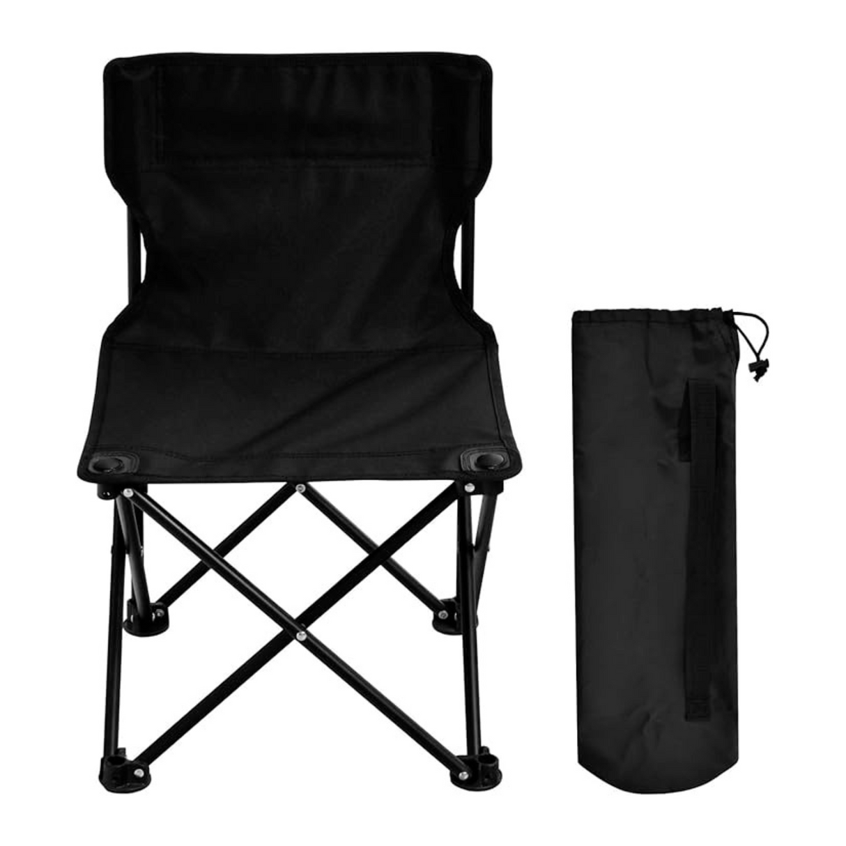 Portable camping chair displayed with storage carry bag for travel and outdoor convenience.