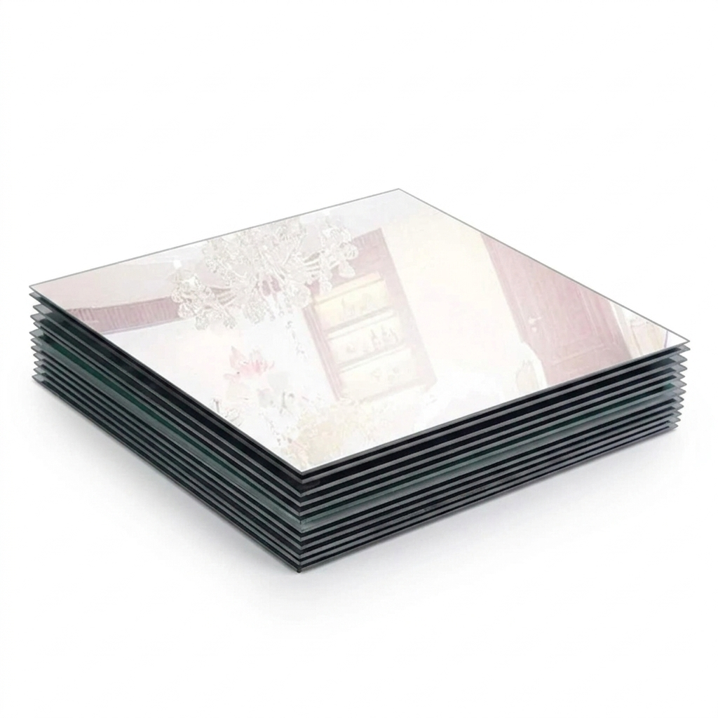 Angled view of frameless mirror tile set showing reflective finish. Square mirror tiles designed for wall décor and display.