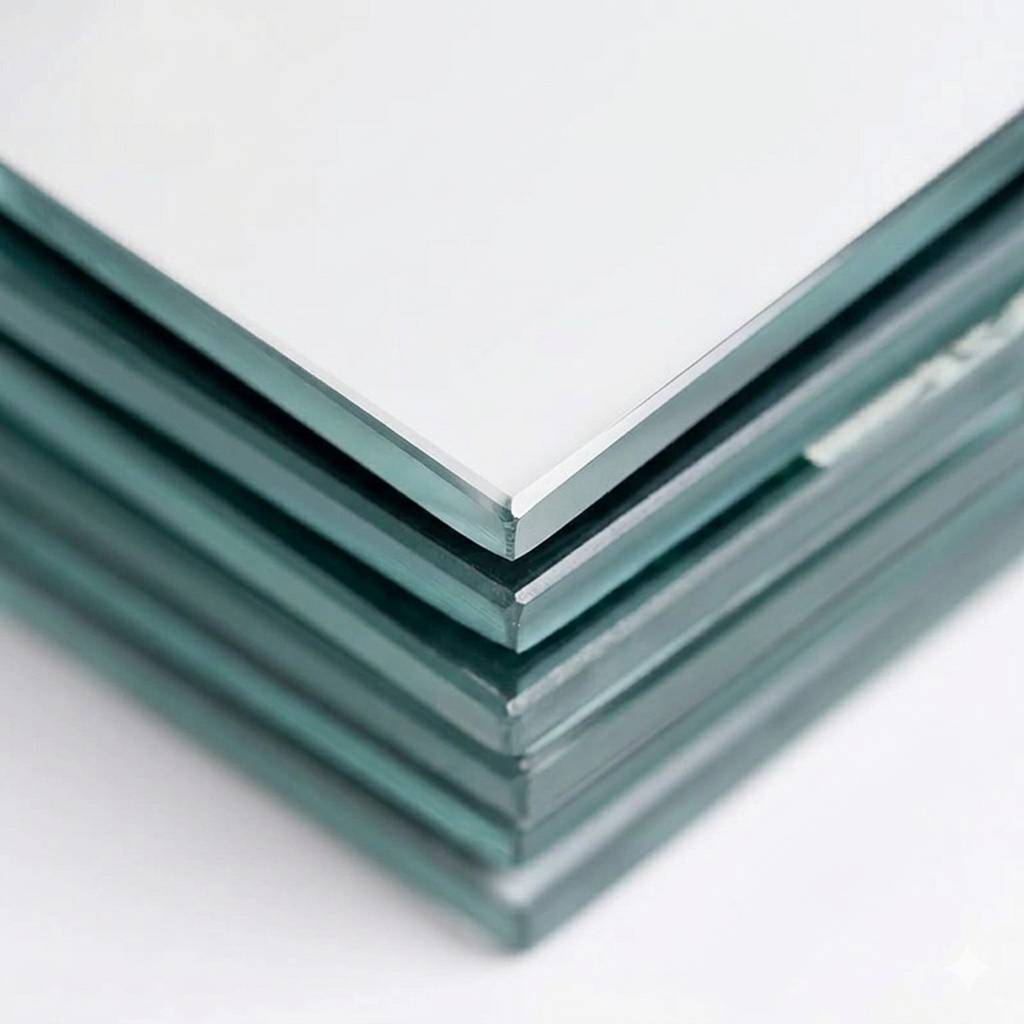 Detailed corner view of frameless mirror tile set stacked together. Clear glass layers with refined polished edges.