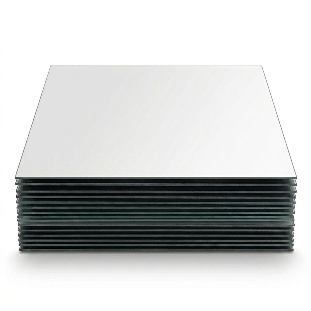Stack of frameless mirror tile set squares neatly arranged. 8-inch mirror tiles with a sleek reflective surface.