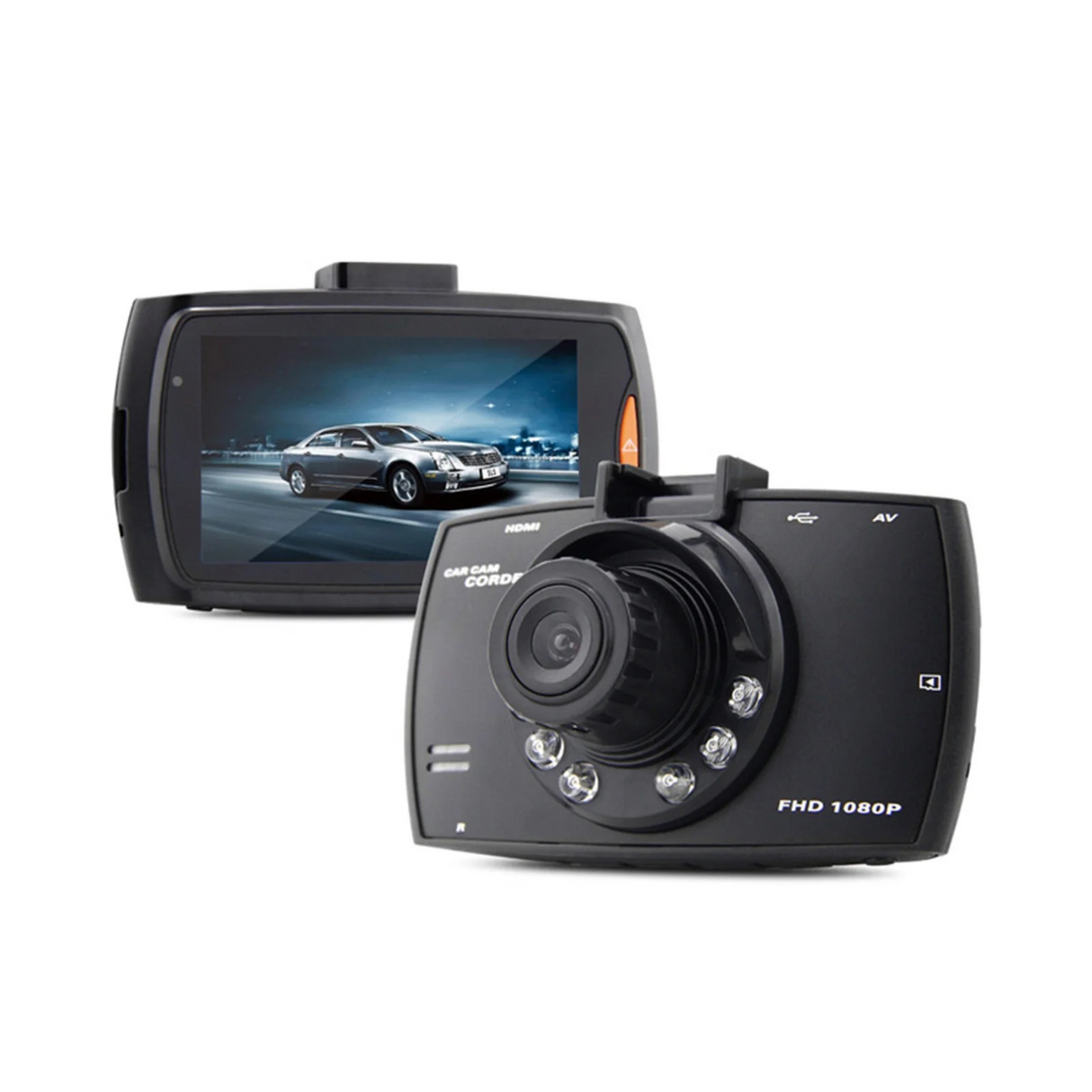 Compact car dash camera with front lens and display screen for high-definition driving recording.