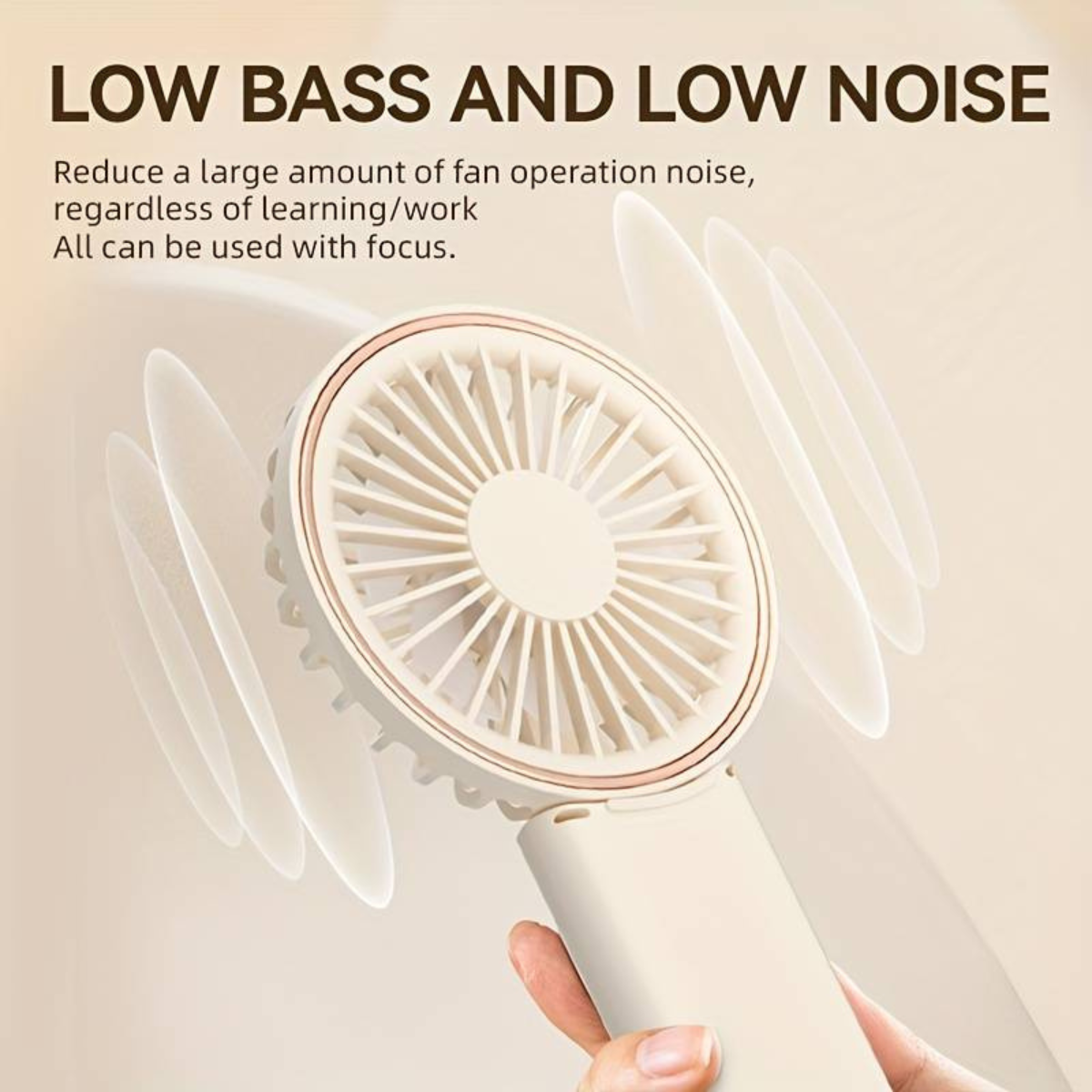 Handheld mini fan with display held in hand with airflow motion graphics. Designed for low noise operation and smooth airflow.