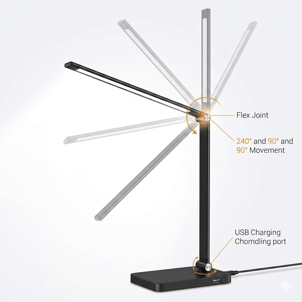 Harmonic LED Table Desk Lamp demonstrating adjustable flex joint with multiple angle positions. The image shows wide rotation and USB charging port.