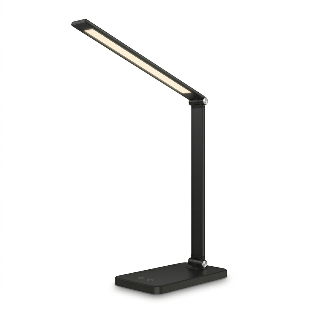 Harmonic LED Table Desk Lamp in black with slim adjustable arm on a clean background. The lamp features a modern rectangular base and linear light bar.