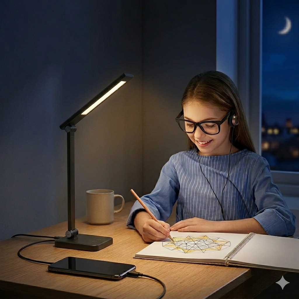 Harmonic LED Table Desk Lamp lighting a desk while a girl studies at night. The lamp provides focused illumination for reading and writing.