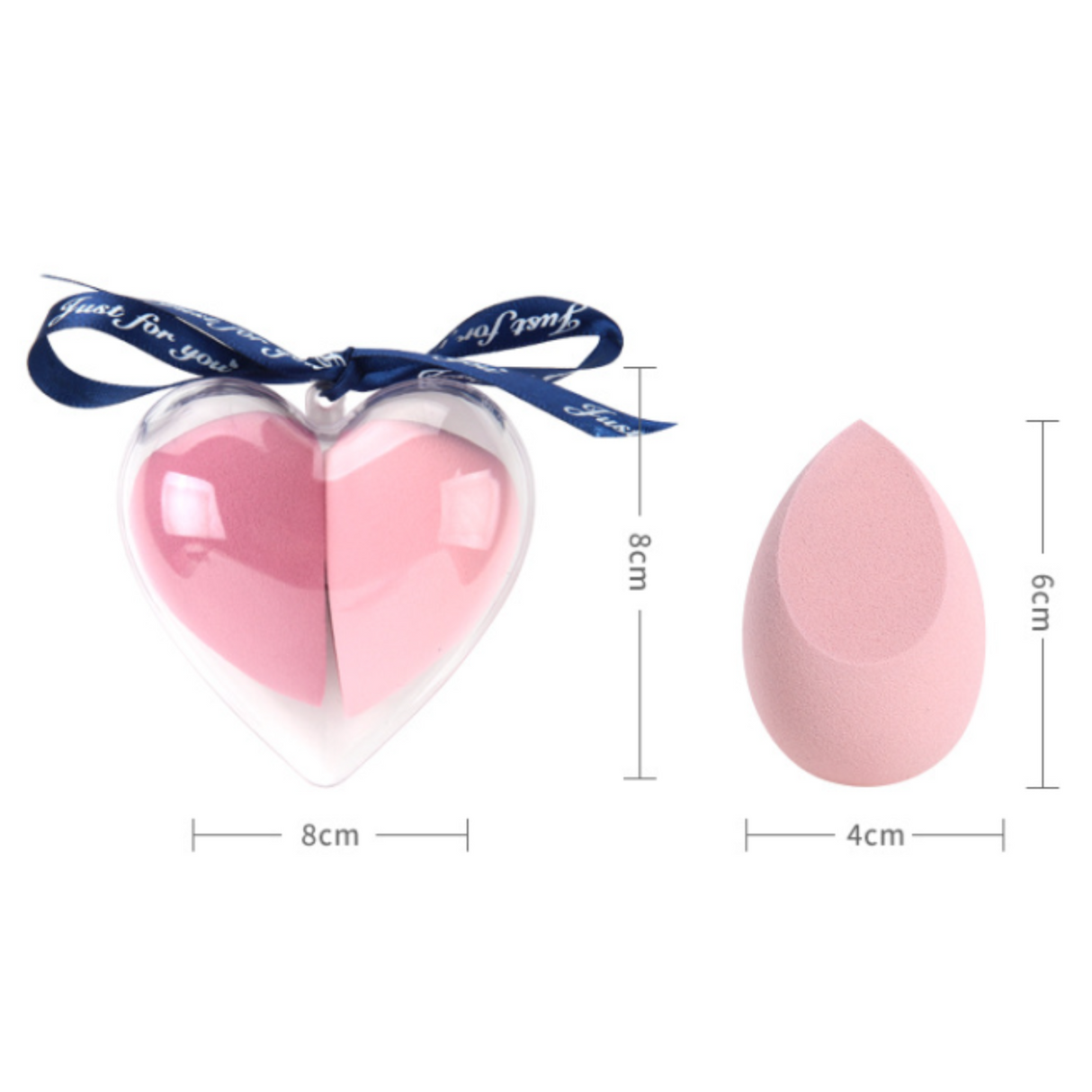 Heart-shaped sponge and case dimensions showing compact size for easy storage and travel.