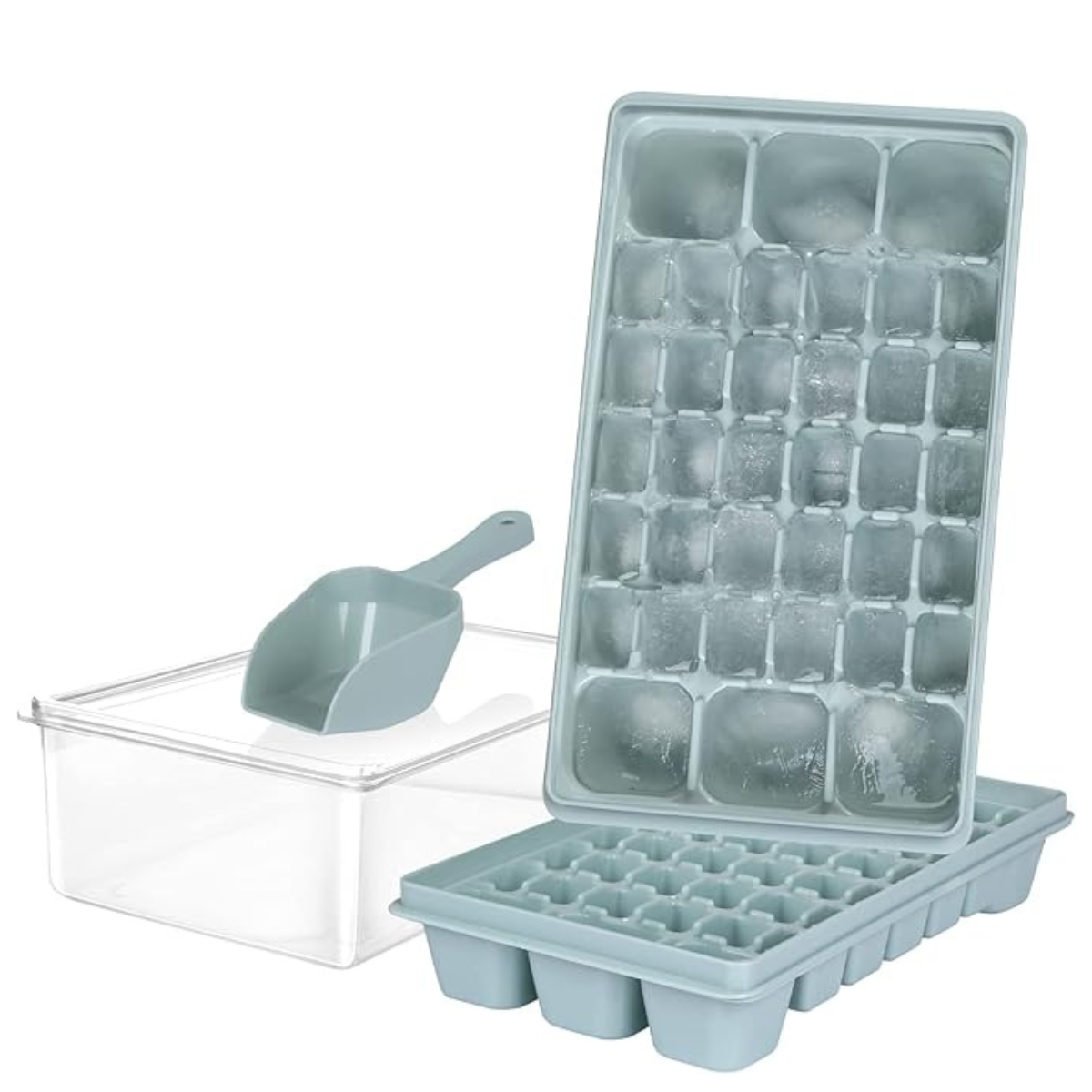 Ice Cube Tray with Lid, Bucket and Freezer Storage Bin