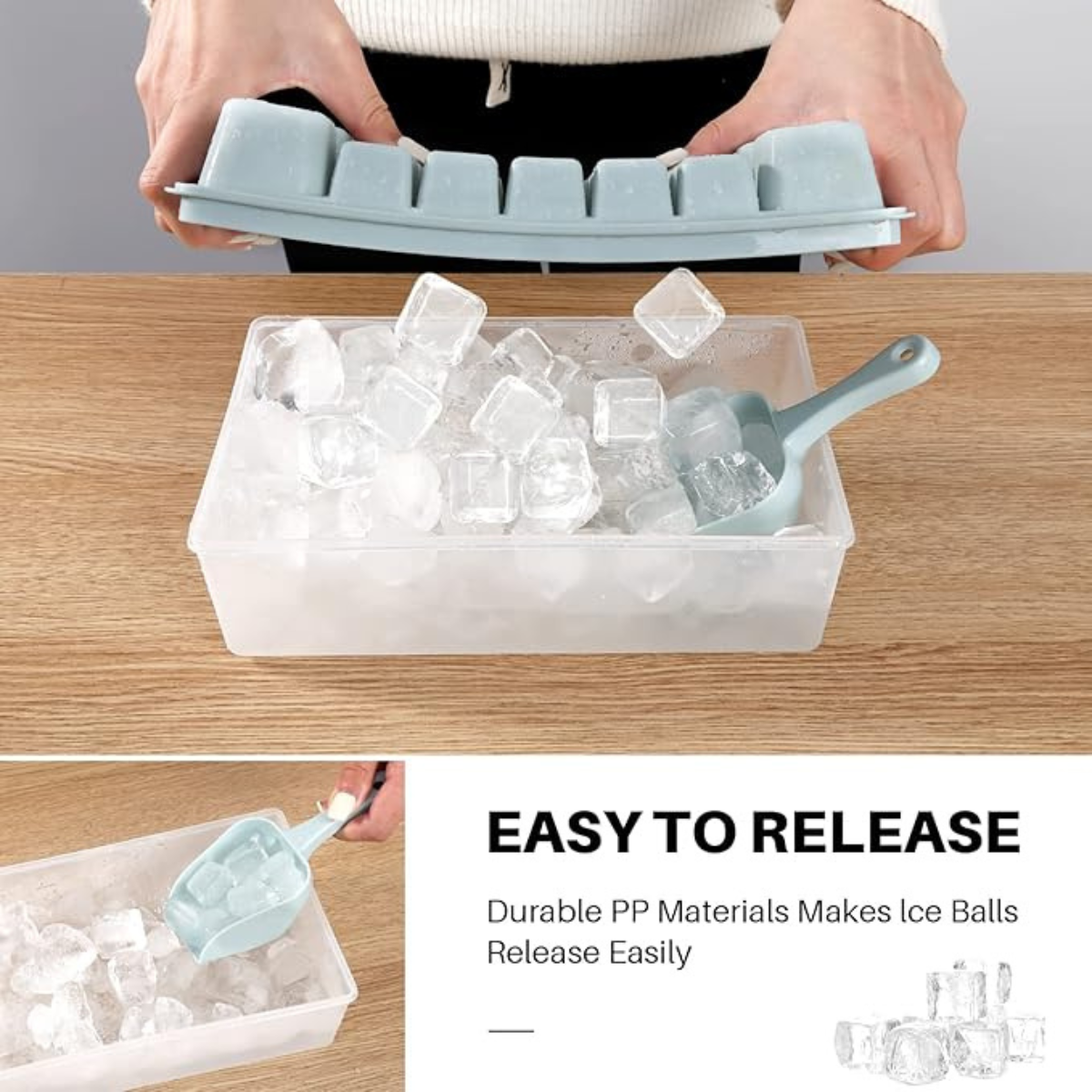 Ice Cube Tray with Lid, Bucket and Freezer Storage Bin
