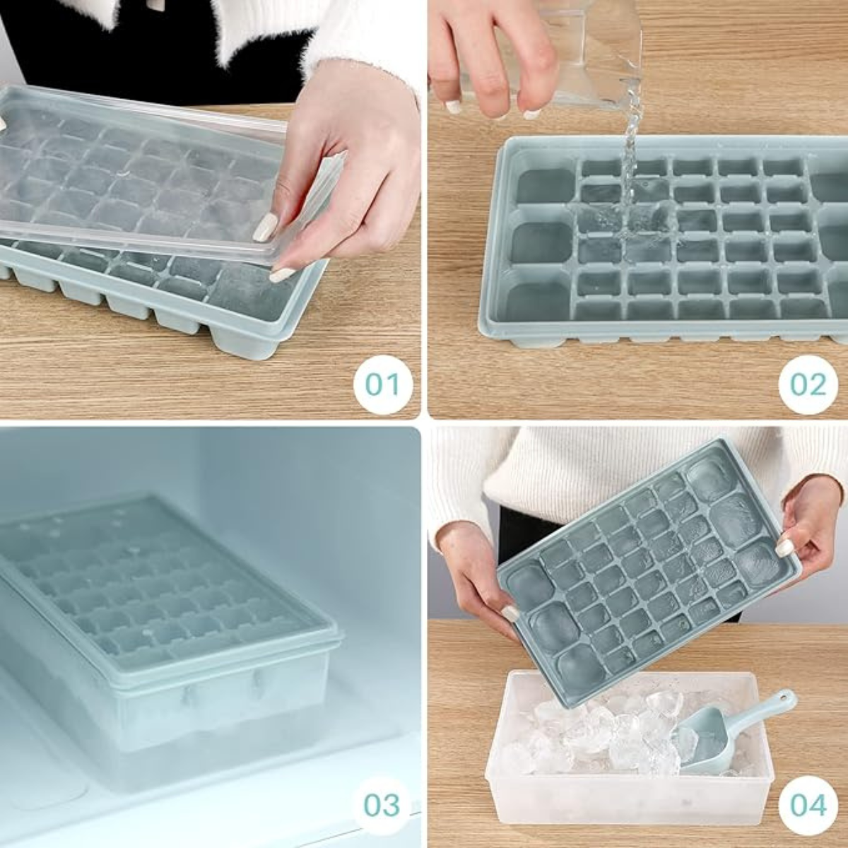 Ice Cube Tray with Lid, Bucket and Freezer Storage Bin