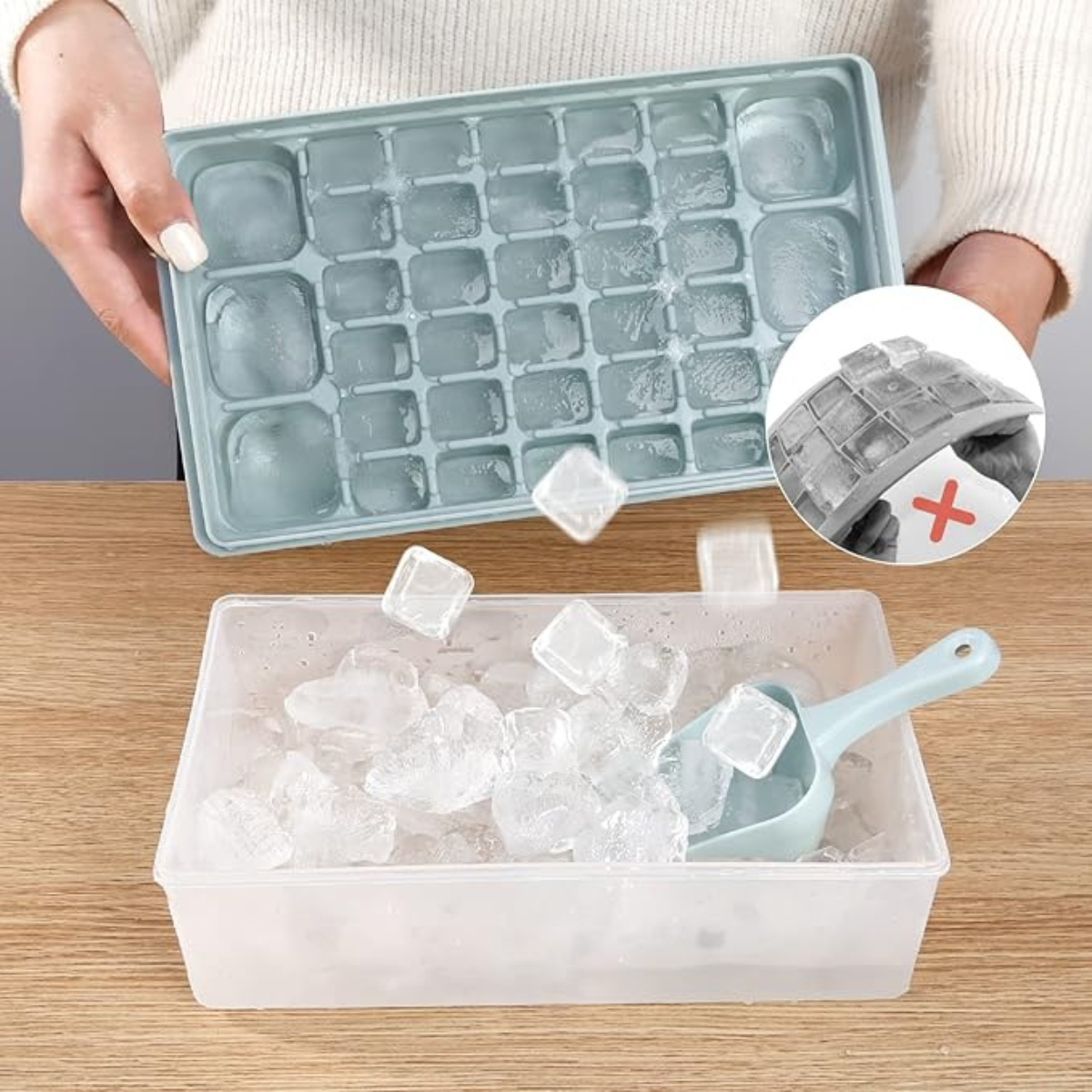 Ice Cube Tray with Lid, Bucket and Freezer Storage Bin