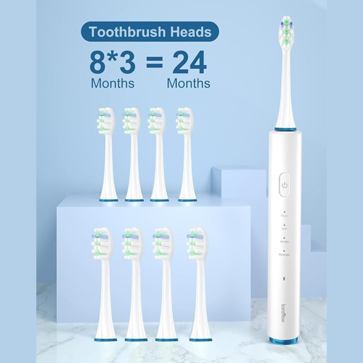 KareNow Sonic Electric Toothbrush Rechargeable with 8 Replacement Brush Heads
