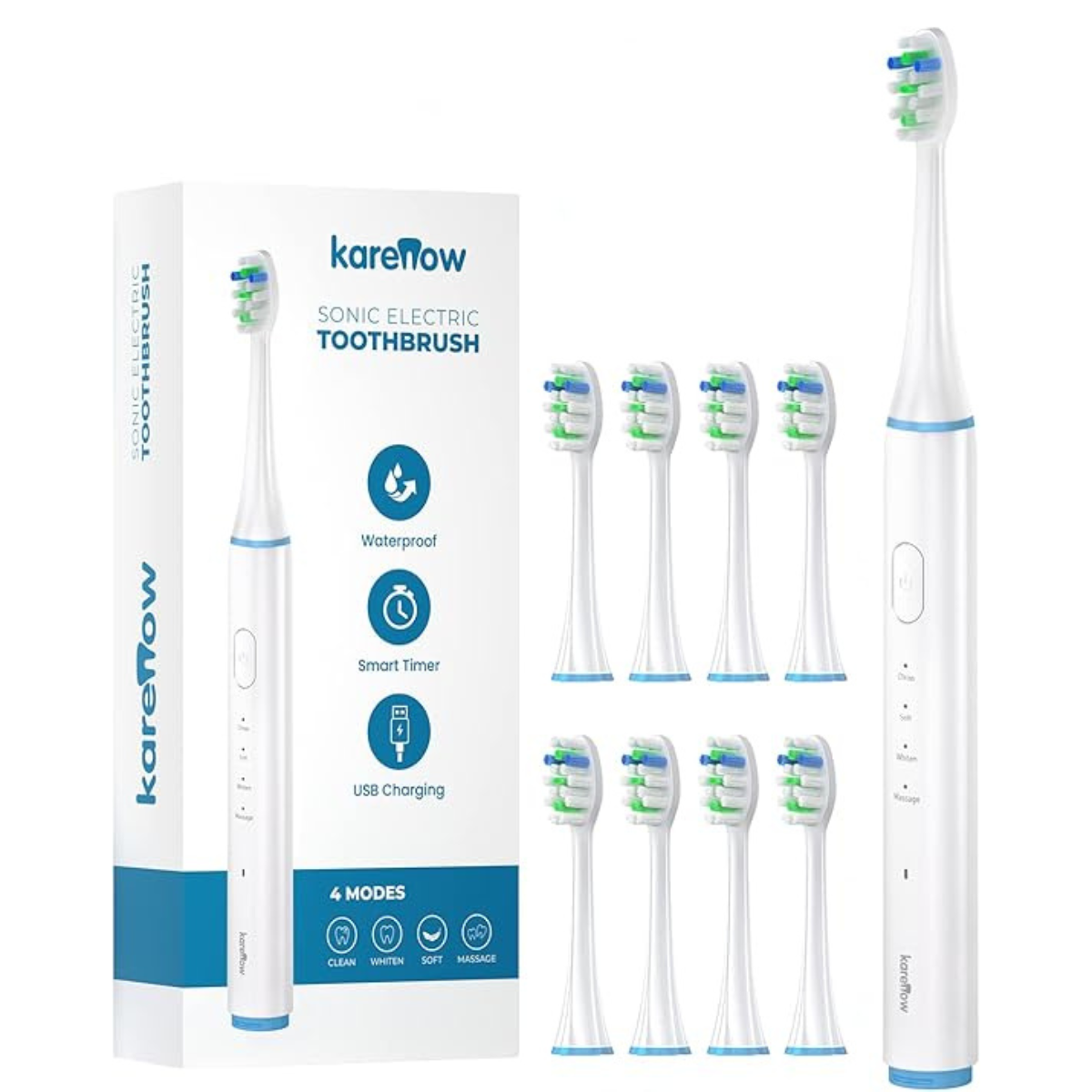 KareNow Sonic Electric Toothbrush Rechargeable with 8 Replacement Brush Heads