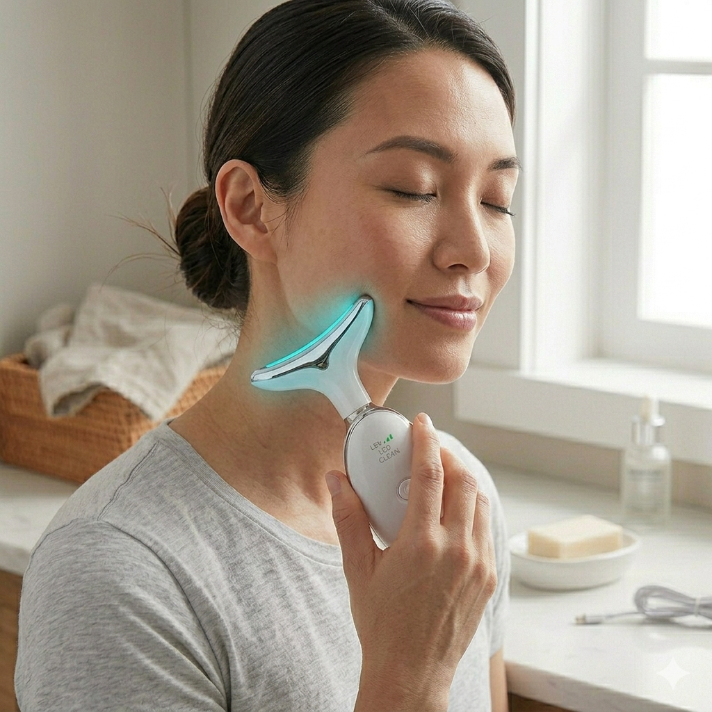 Woman using an LED neck and face massager on her jawline. Skincare device emits light for lifting and soothing treatment.