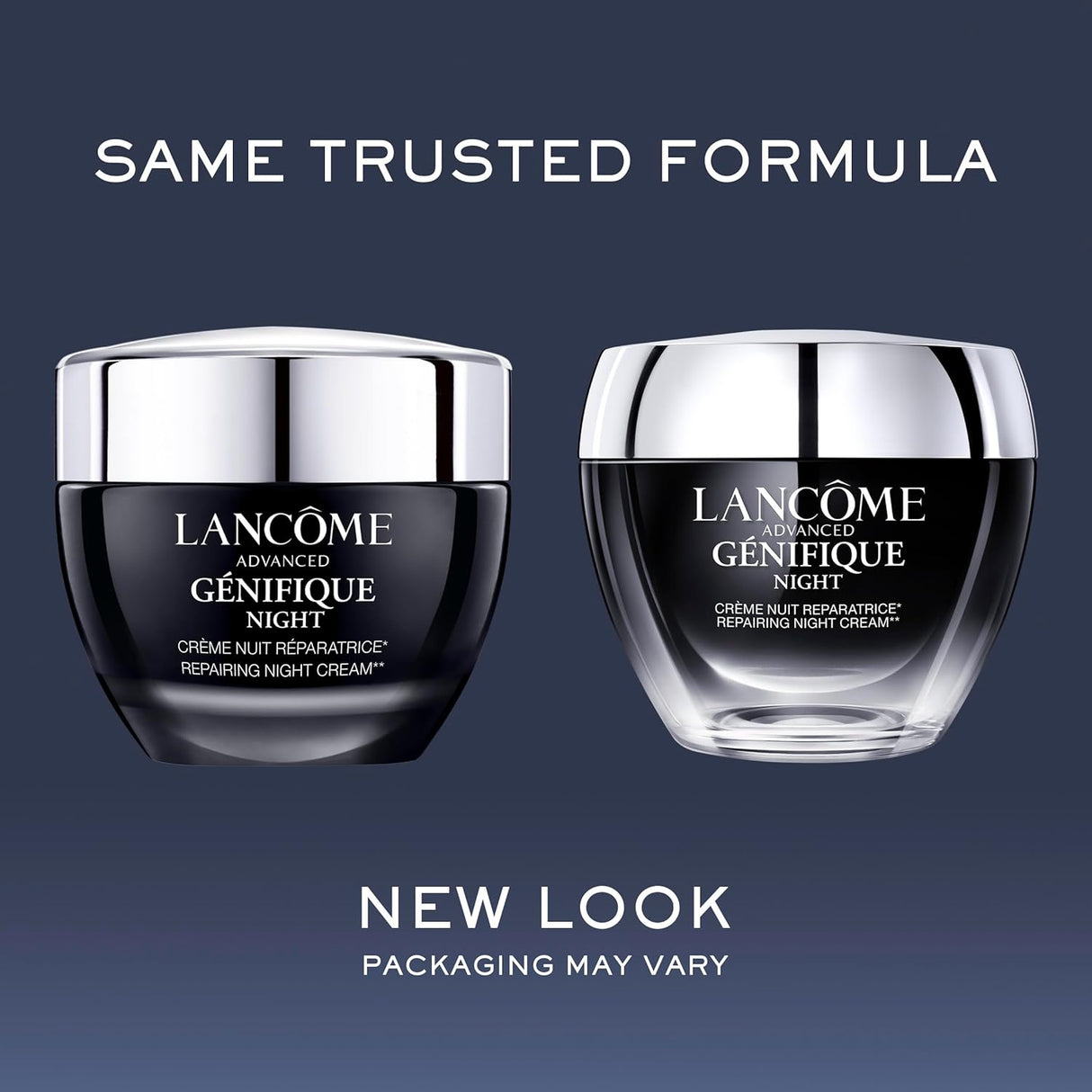 Two Lancome Genifique Night Repair Cream jars showing old and new packaging design. The formula remains the same with updated packaging.