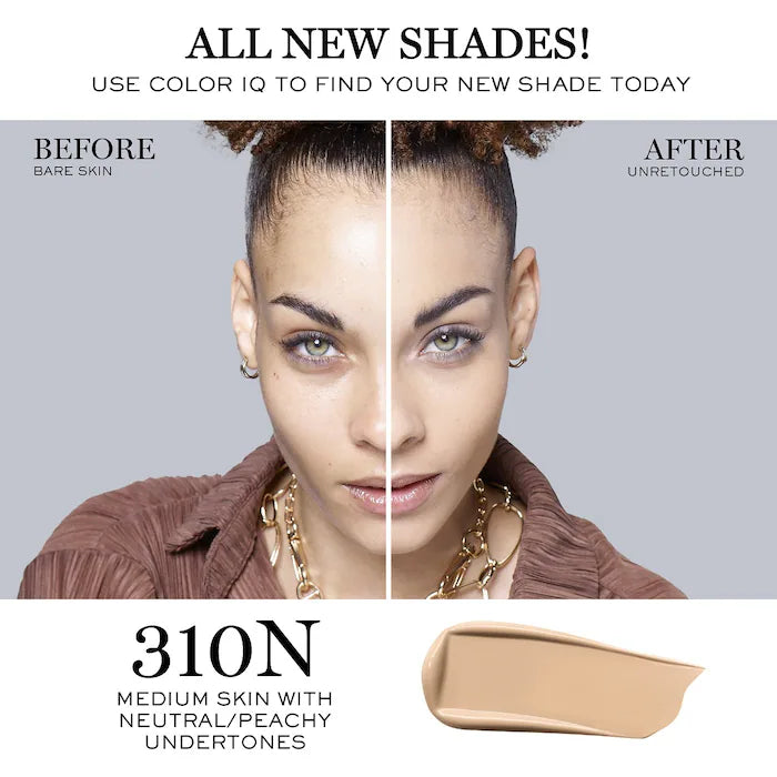 Close-up before and after of a model wearing Lancome Teint Idole Ultra Wear Foundation shade 310N. The foundation evens complexion with a smooth finish.