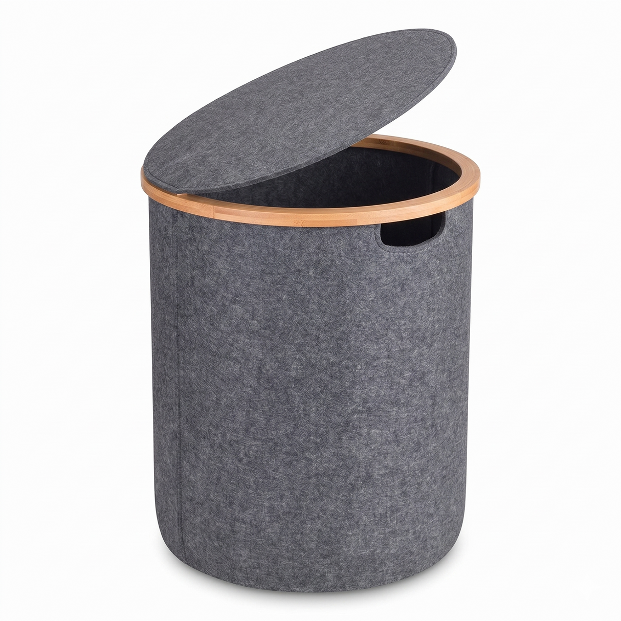 Round laundry hamper with lid, gray fabric and bamboo rim