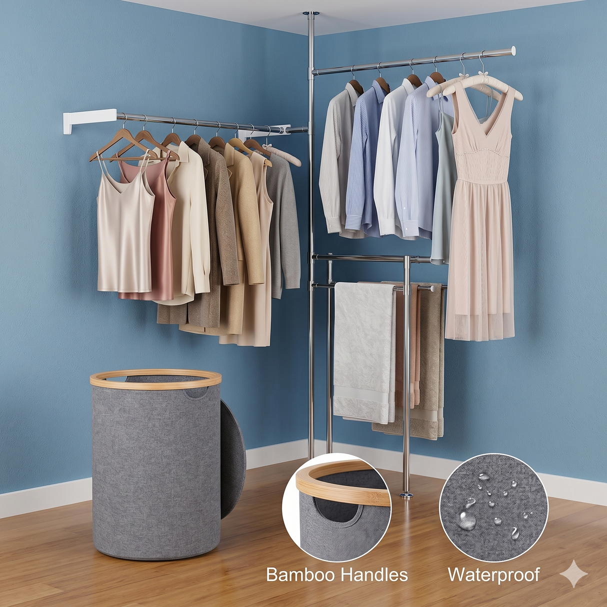 Laundry hamper in closet showing storage capacity and use