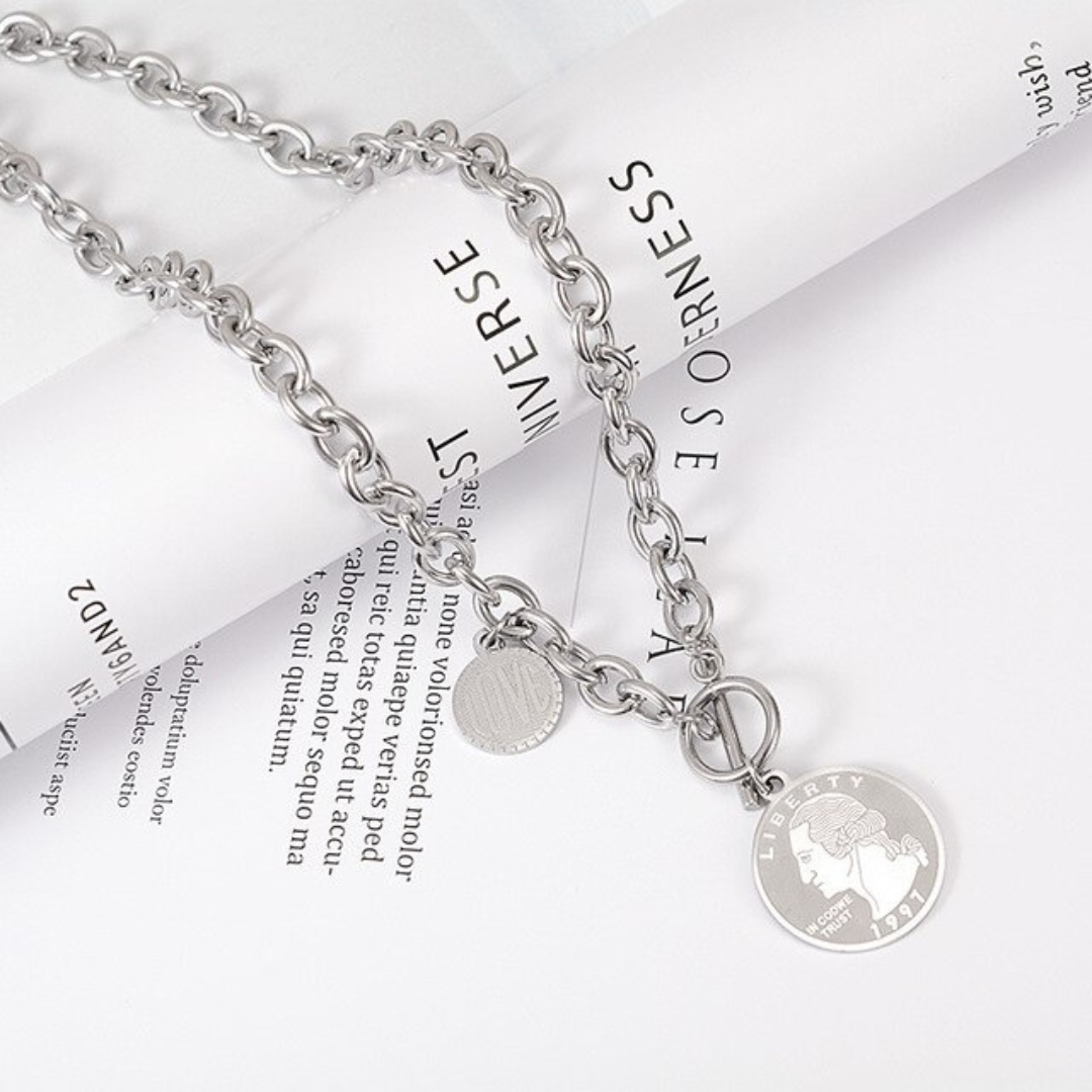 Liberty Coin Chunky Chain Toggle Necklace Stainless Steel