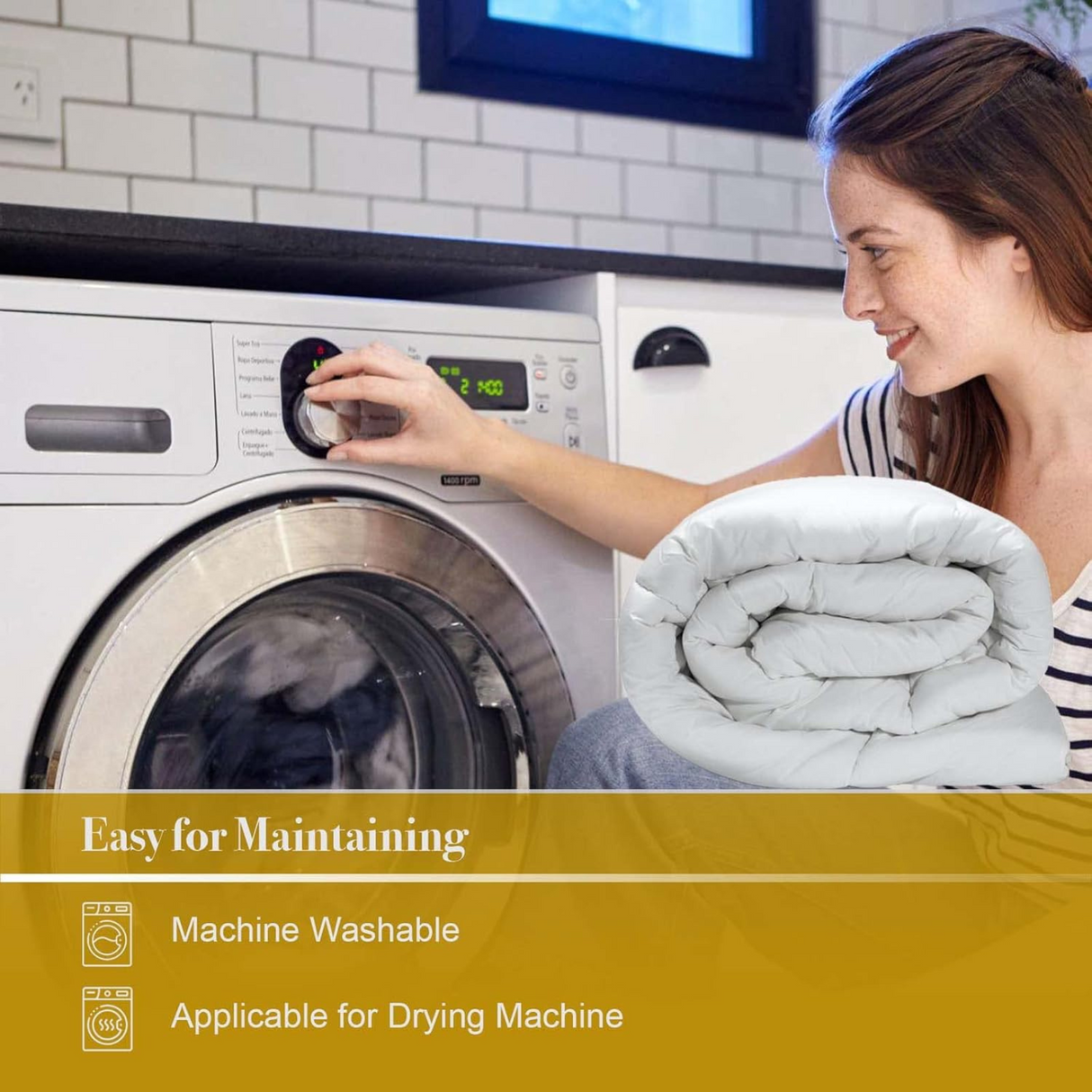 Woman placing comforter into washing machine showing easy care and maintenance.
