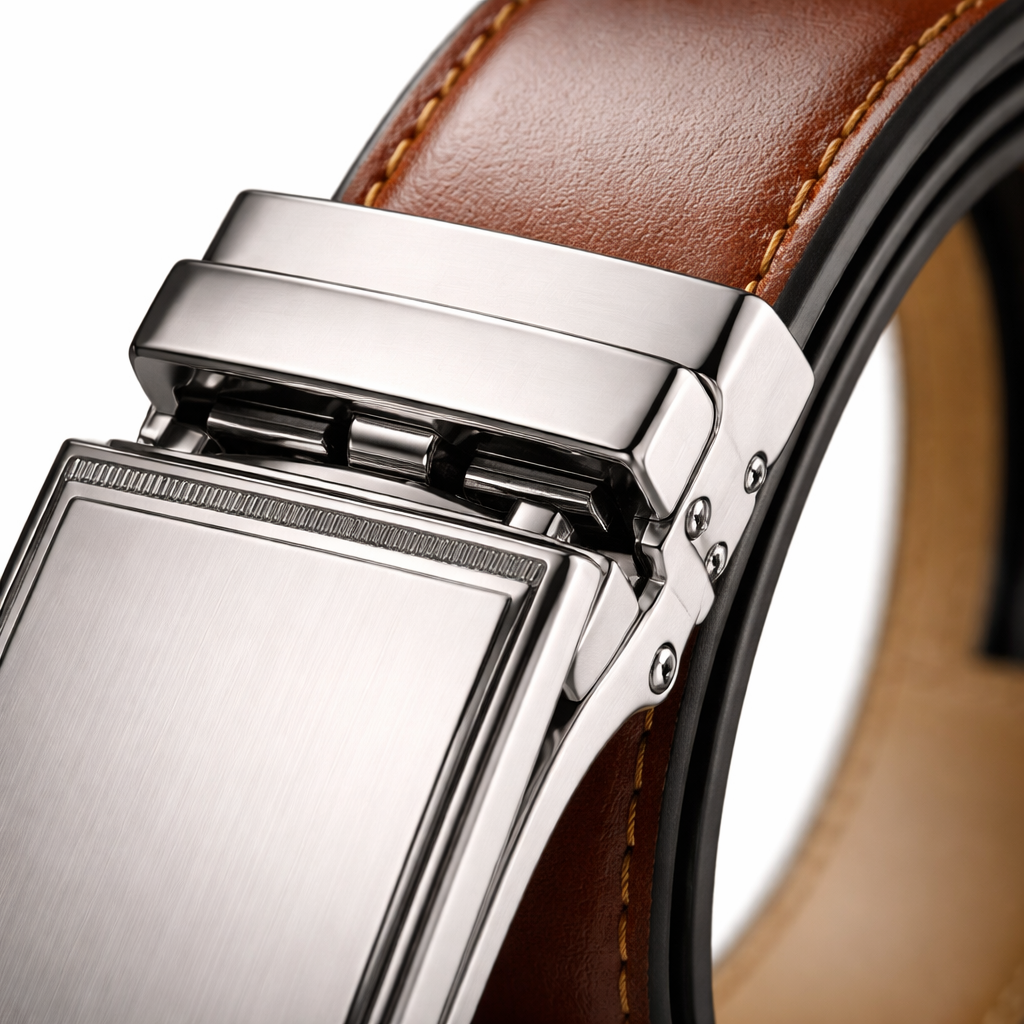 A close-up photo focusing on the high-quality brushed metal buckle of a men's leather ratchet belt. The sharp focus emphasizes the intricate mechanical details and the rich grain of the genuine leather.
