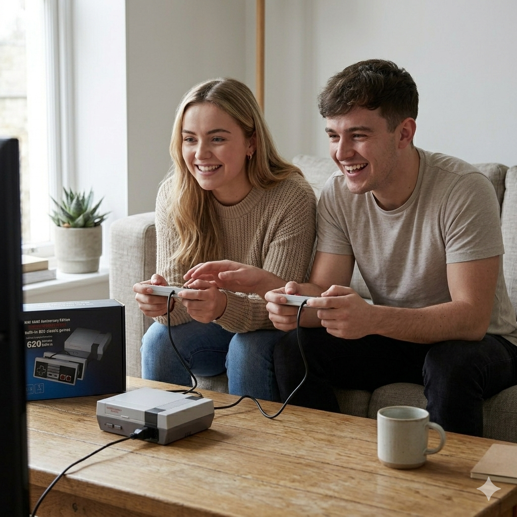 Two people playing mini retro game console with wired controllers at home