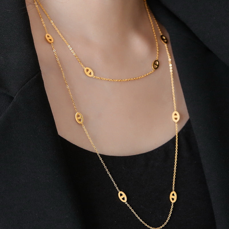 18K Gold-Plated Pig Nose Two-Way Chain Necklace Stainless Steel