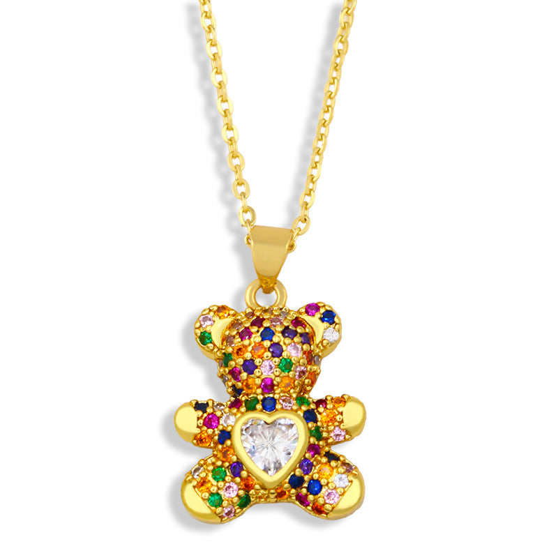 Dainty Colorful CZ Teddy Bear Pendant Gold Chain Necklace