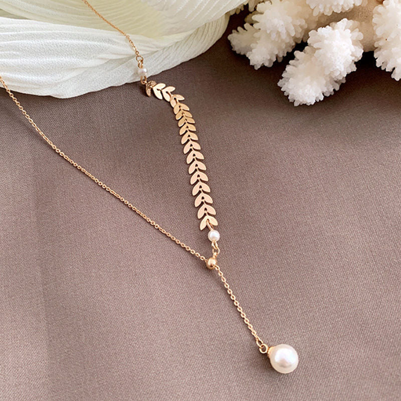 Wheat Leaves Pearl Necklace Gold Adjustable Stainless Steel