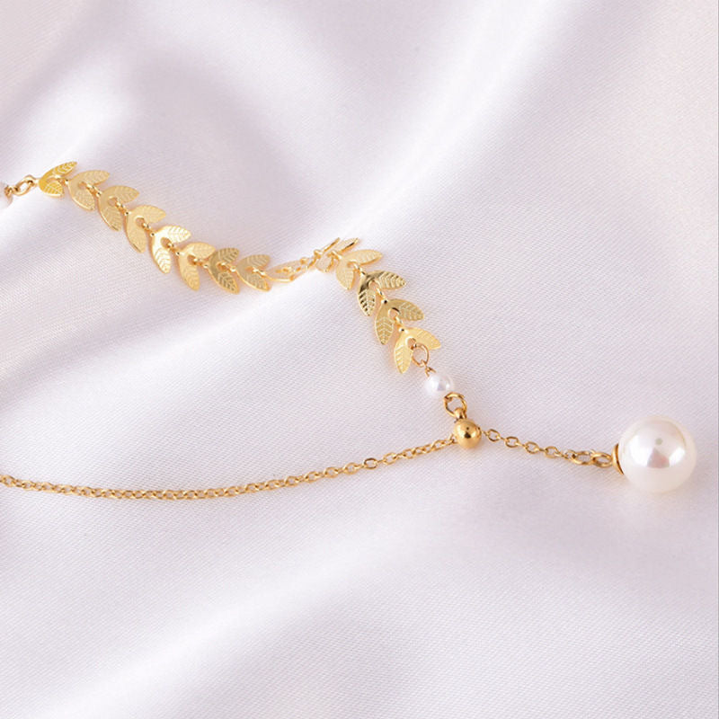 Wheat Leaves Pearl Necklace Gold Adjustable Stainless Steel