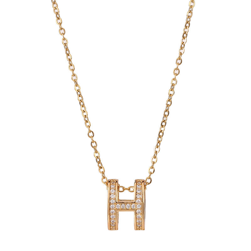 H Pendant with Rhinestones Necklace Stainless Steel