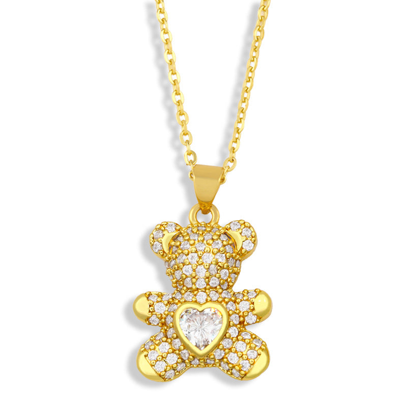Dainty Colorful CZ Teddy Bear Pendant Gold Chain Necklace