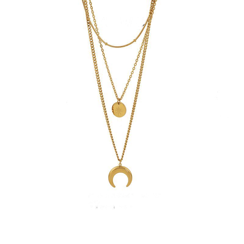 18K Gold Three Layer Star Moon Design Pendant Necklace Stainless Steel