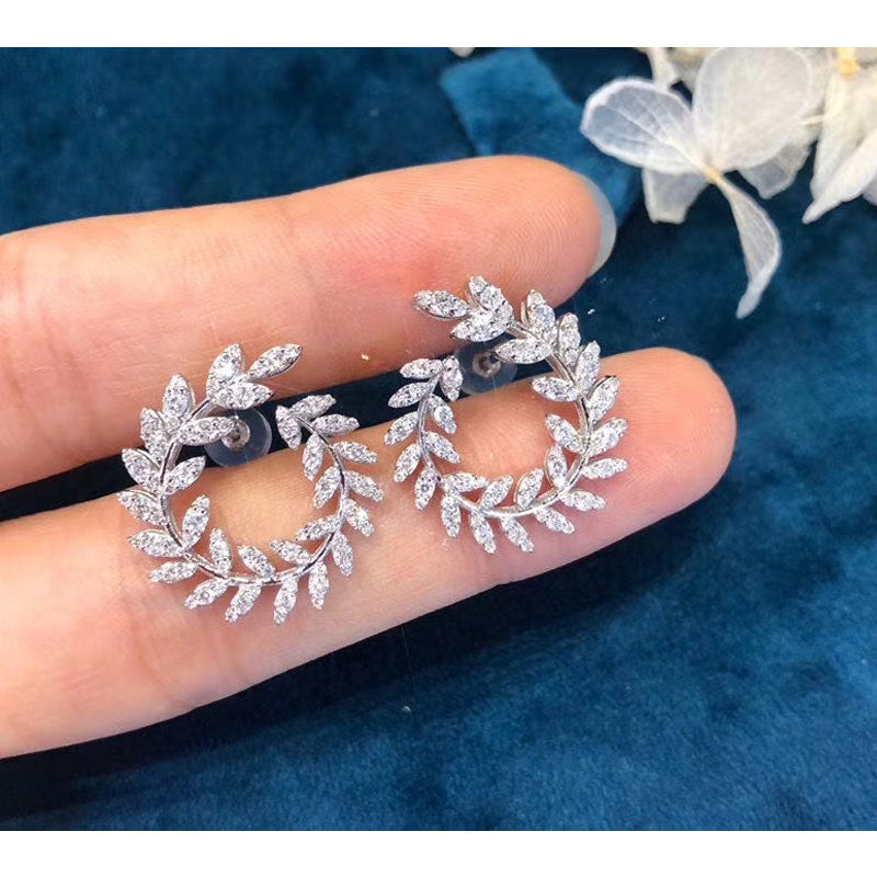 Olive Shape Leave Style Zircon Stud Silver Earrings for Women